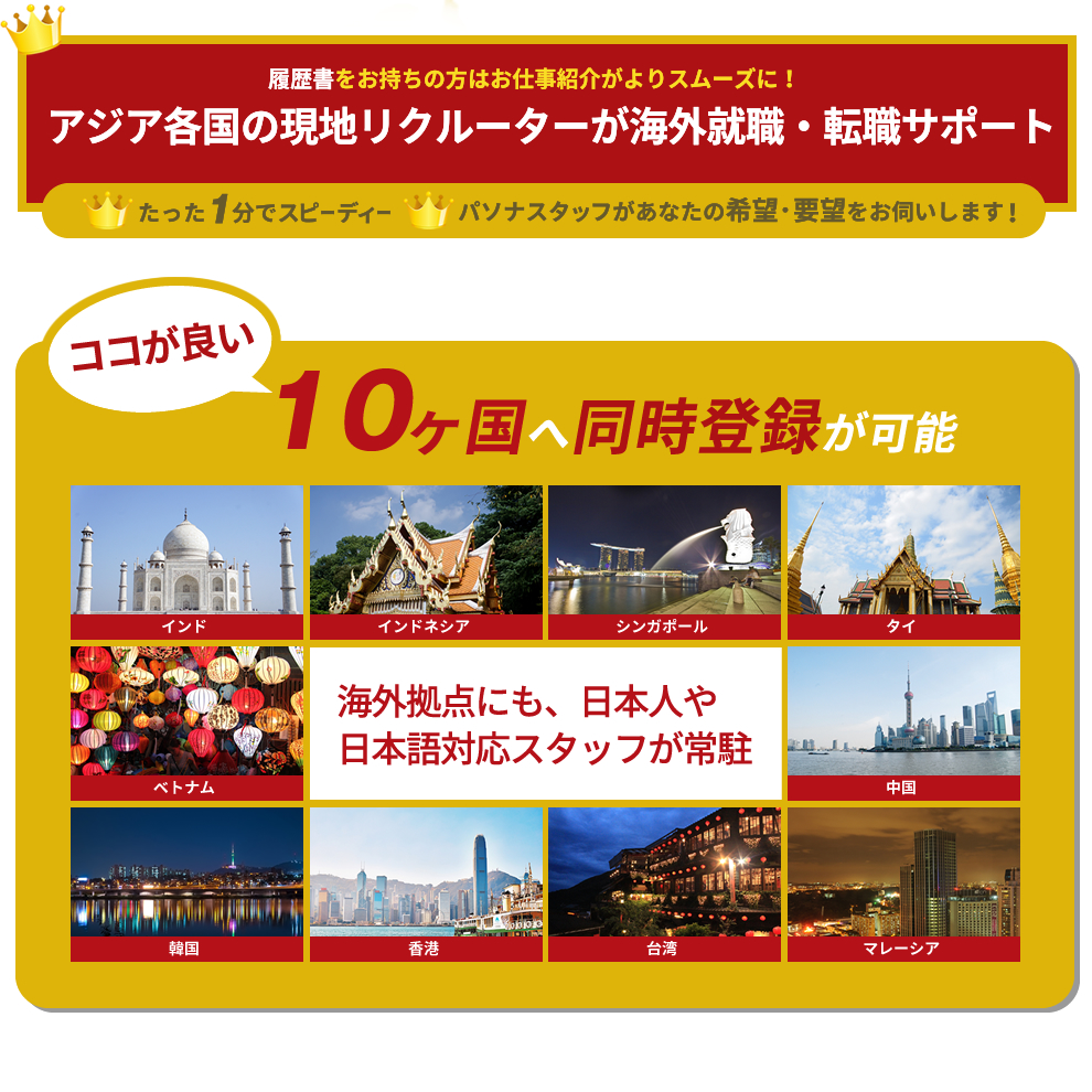 アジア各国の現地リクルーターが海外就職・転職サポート！10ヶ国へ同時登録が可能